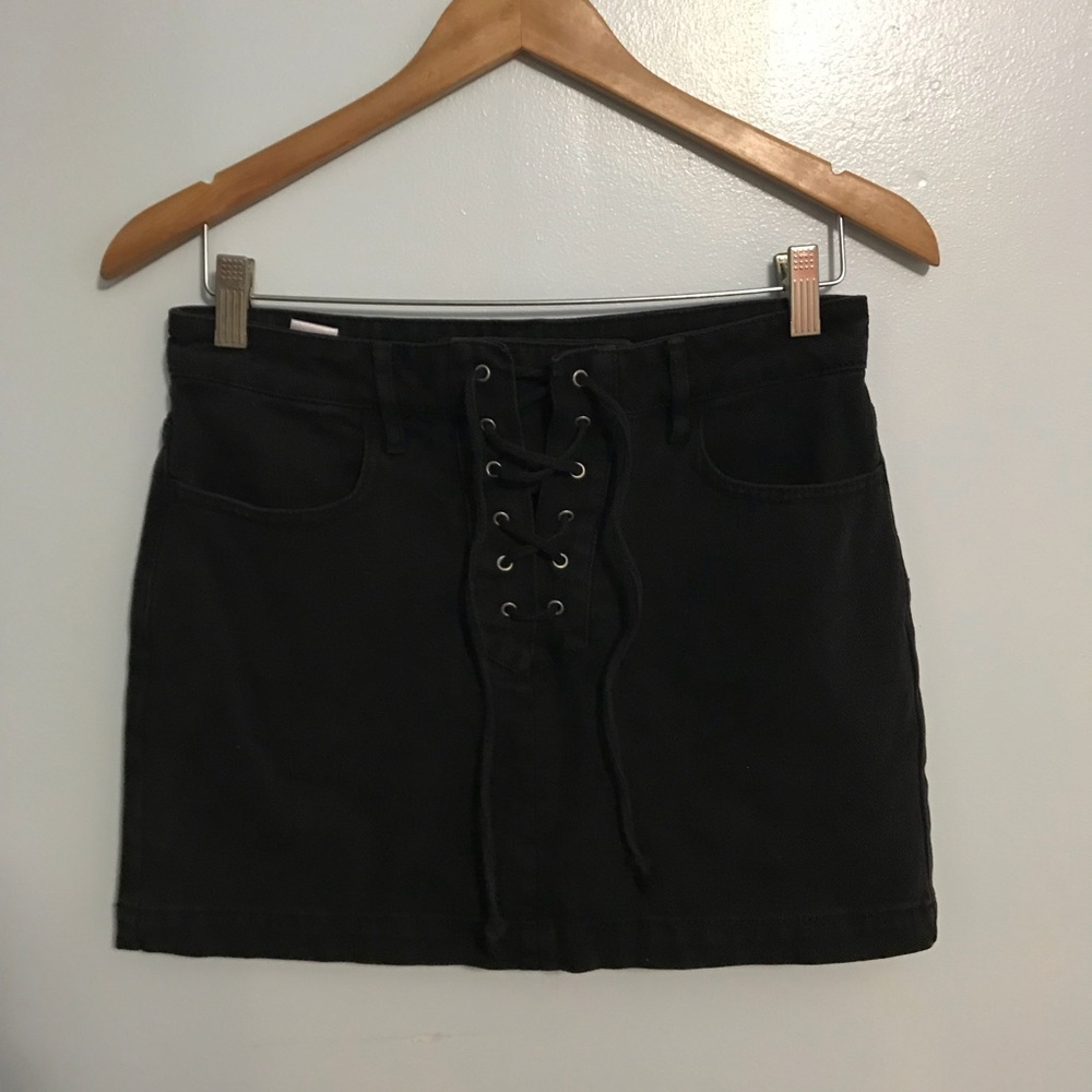 Black Lace-up Denim Skirt